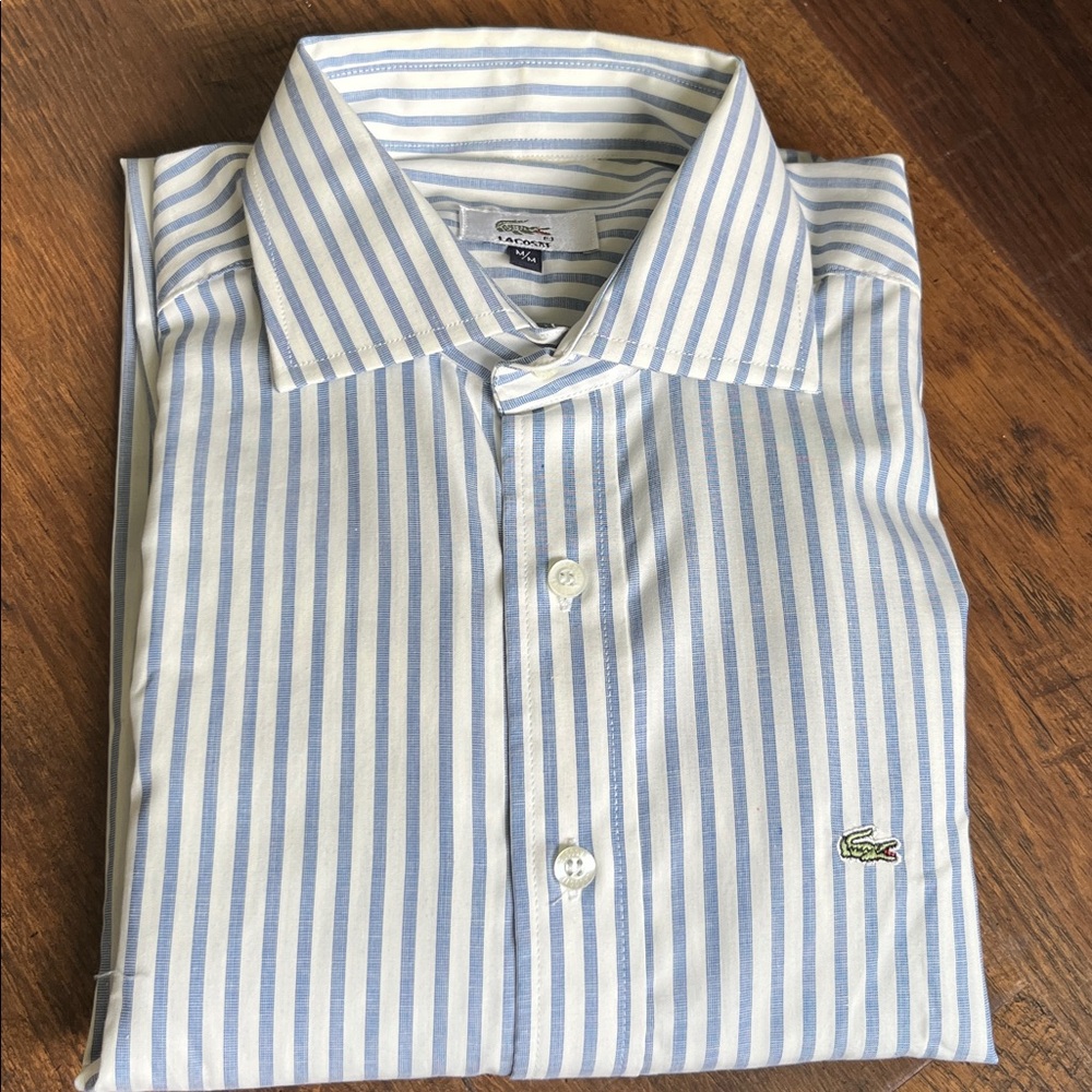 Lacoste Light Blue and White Striped Button-Up Shirt